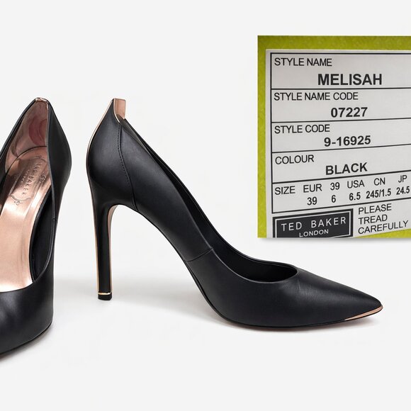 Ted Baker Melisah Black Leather Pumps Rose Gold Bow Heel Size 8.5 New in Box